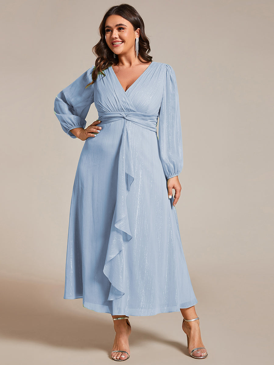 Plus Size Twist Knot Louts Leaf Long Sleeve A-Line Evening Dress #color_Sky Blue