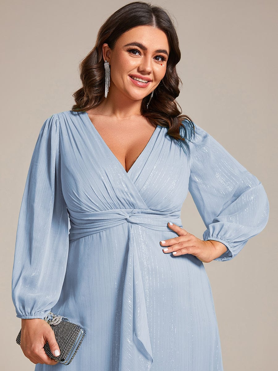 Plus Size Twist Knot Louts Leaf Long Sleeve A-Line Evening Dress #color_Sky Blue