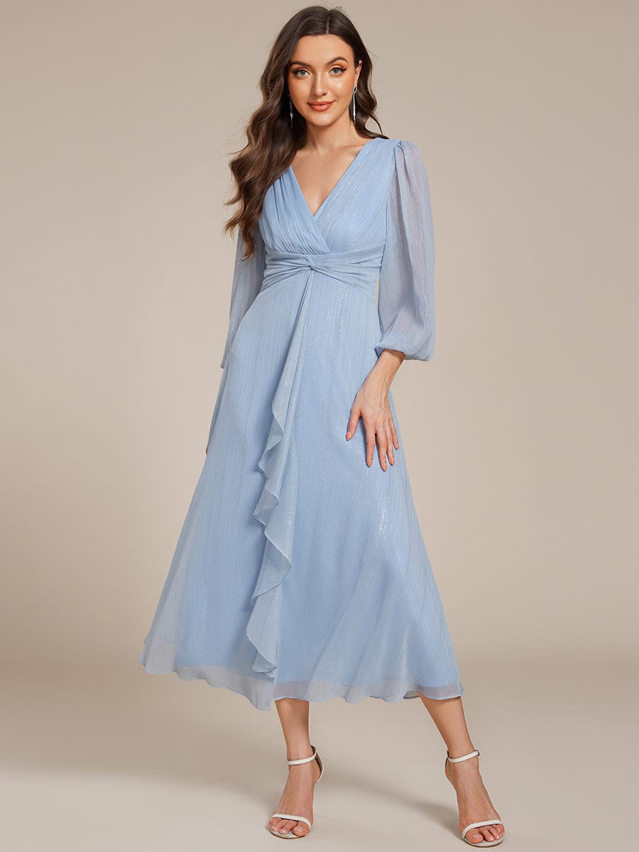 See-Through Long Sleeve Twist Knot A-Line Lotus Leaf Shimmering Evening Dress #color_Sky Blue