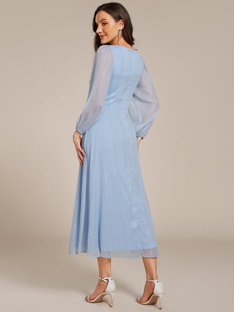 See-Through Long Sleeve Twist Knot A-Line Lotus Leaf Shimmering Evening Dress #color_Sky Blue