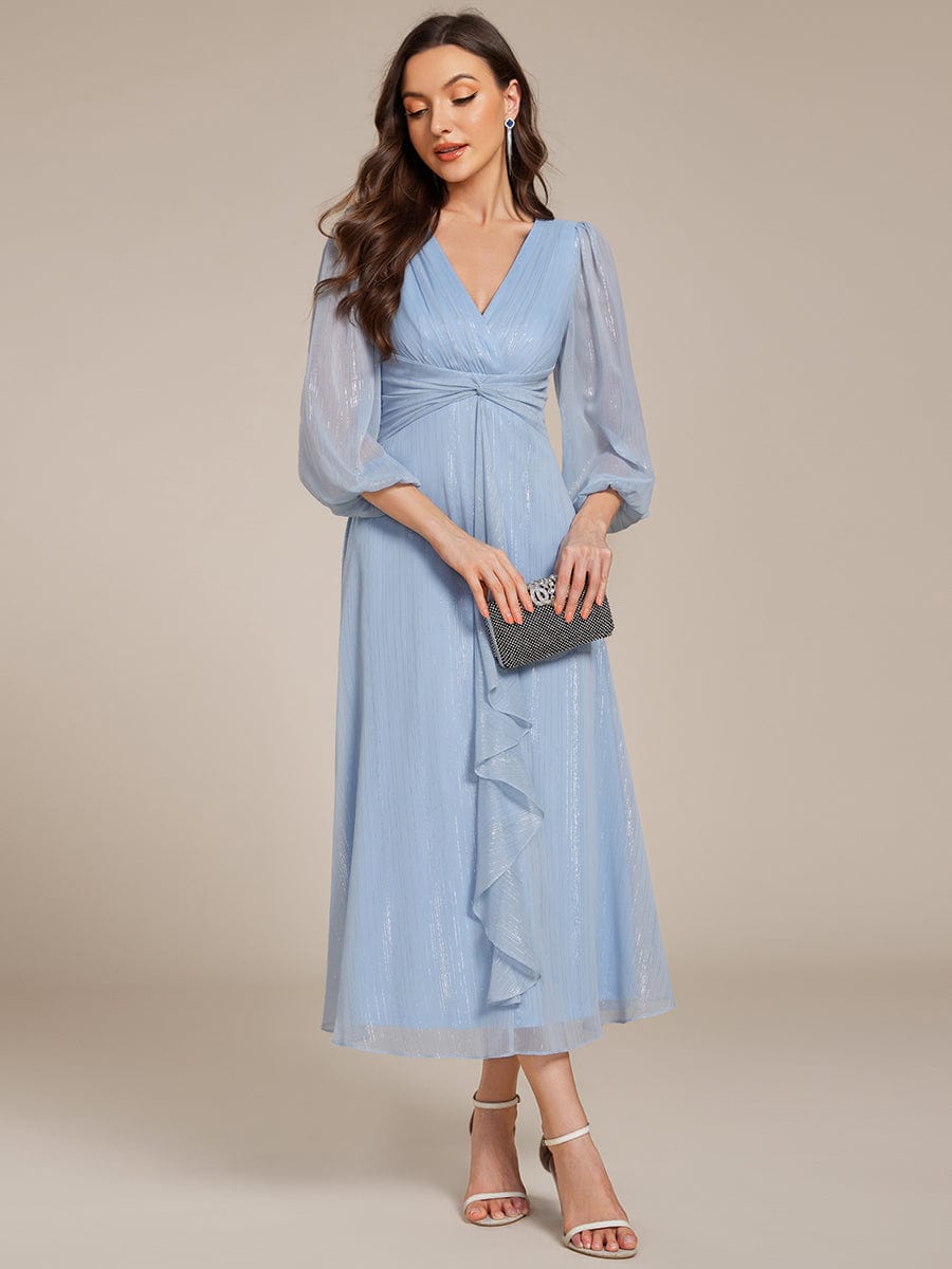 See-Through Long Sleeve Twist Knot A-Line Lotus Leaf Shimmering Evening Dress #color_Sky Blue