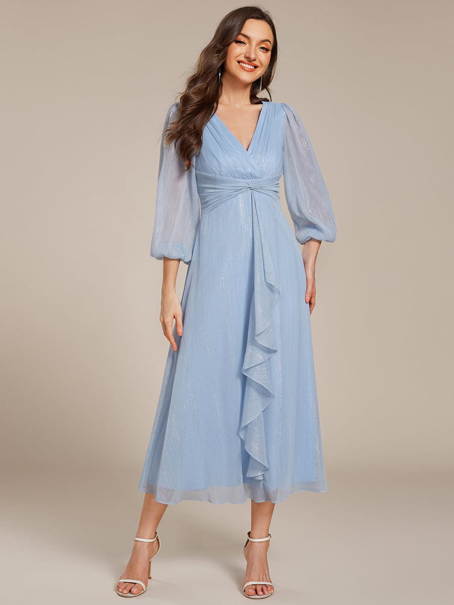 Glitter Twist Knot See-Through Long Sleeve Wedding Guest Dress #color_Sky Blue