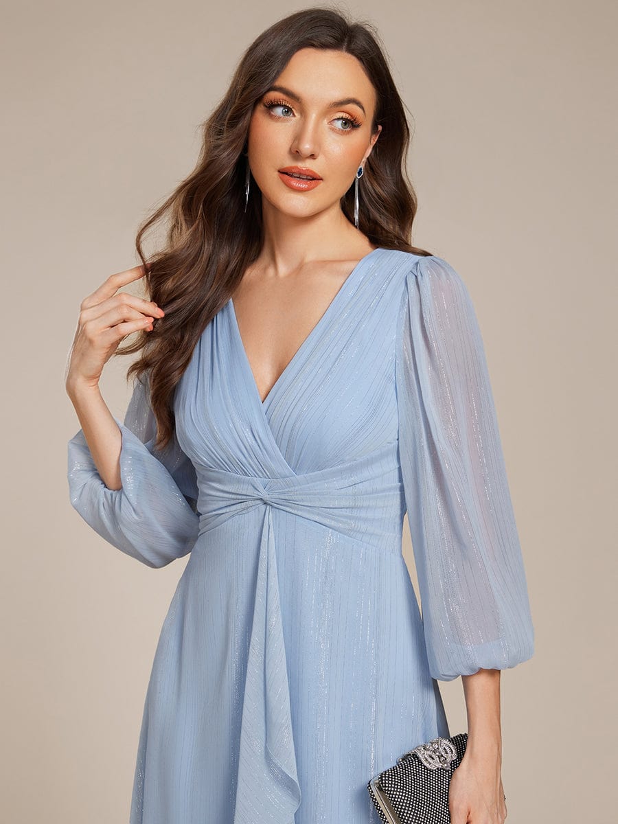 See-Through Long Sleeve Twist Knot A-Line Lotus Leaf Shimmering Evening Dress #color_Sky Blue