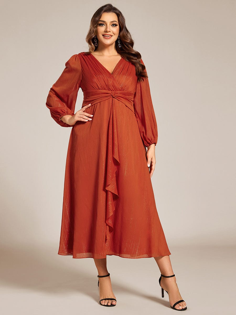 Plus Size Twist Knot Louts Leaf Long Sleeve A-Line Evening Dress #color_Burnt Orange