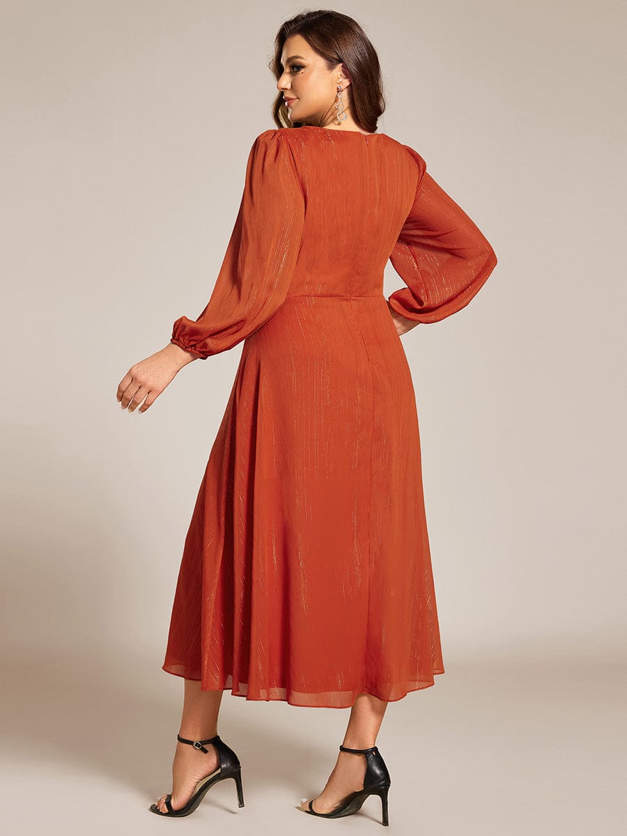 Plus Size Twist Knot Louts Leaf Long Sleeve A-Line Evening Dress #color_Burnt Orange