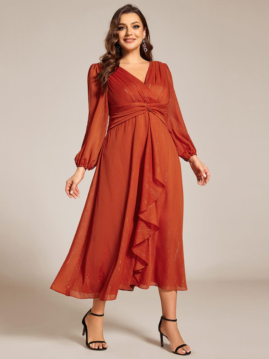 Glitter Twist Knot See-Through Long Sleeve Wedding Guest Dress #color_Burnt Orange