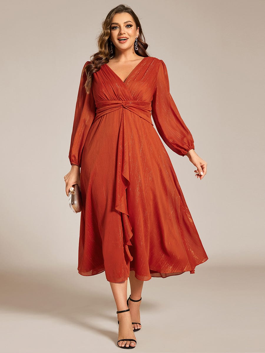 Plus Size Twist Knot Louts Leaf Long Sleeve A-Line Evening Dress #color_Burnt Orange