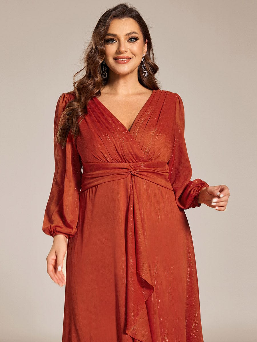 Plus Size Twist Knot Louts Leaf Long Sleeve A-Line Evening Dress #color_Burnt Orange