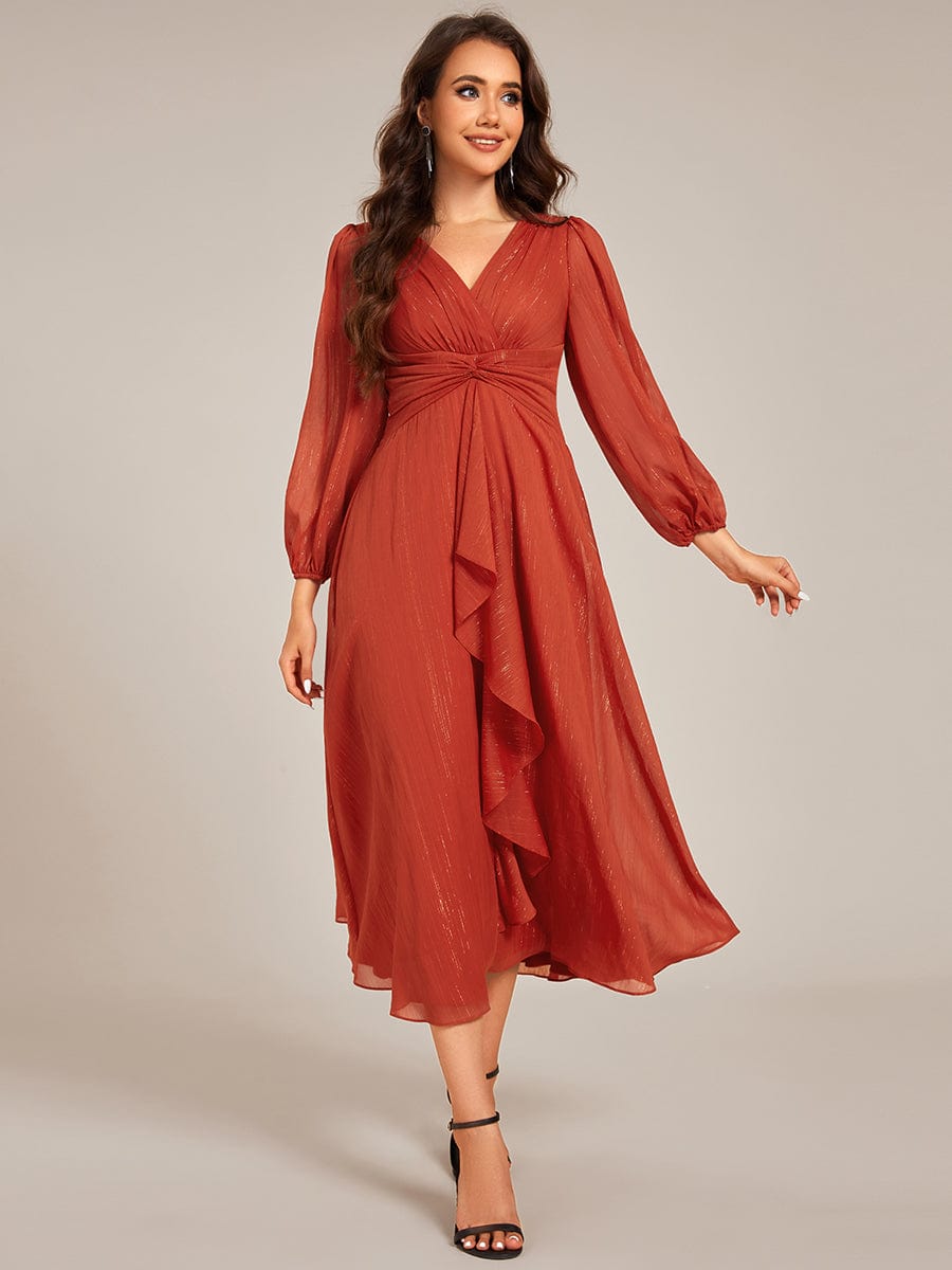 See-Through Long Sleeve Twist Knot A-Line Lotus Leaf Shimmering Evening Dress #color_Burnt Orange