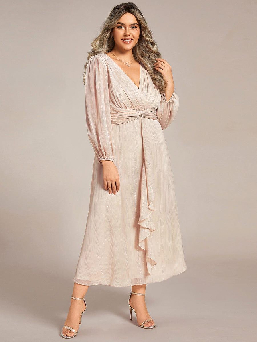 Glitter Twist Knot See-Through Long Sleeve Wedding Guest Dress #color_Champagne