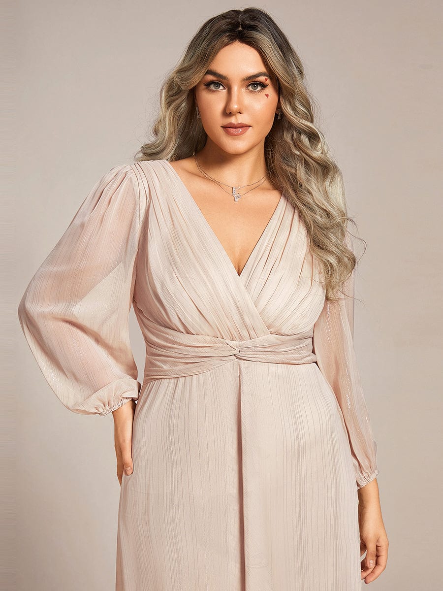 Plus Size Twist Knot Louts Leaf Long Sleeve A-Line Evening Dress #color_Champagne