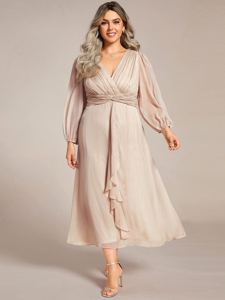 Plus Size Twist Knot Louts Leaf Long Sleeve A-Line Evening Dress #color_Champagne