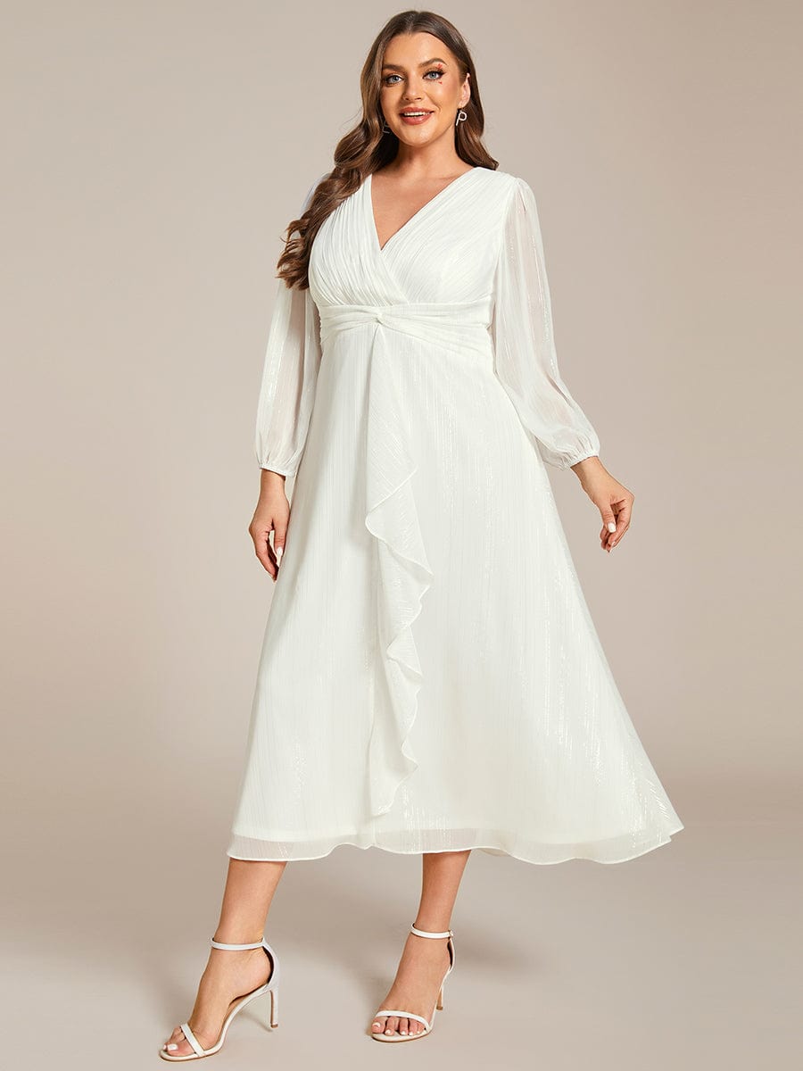 Plus Size Twist Knot Louts Leaf Long Sleeve A-Line Evening Dress #color_Cream