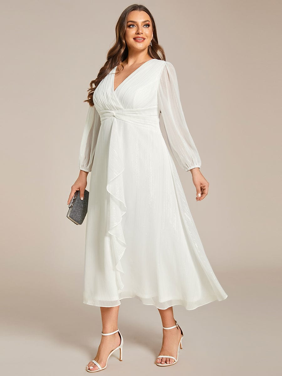 Plus Size Twist Knot Louts Leaf Long Sleeve A-Line Evening Dress #color_Cream