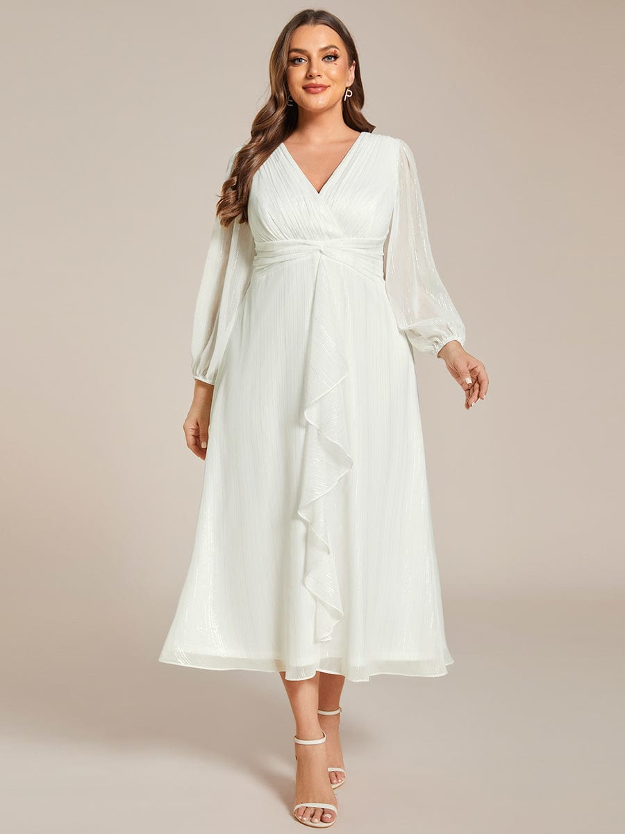 Plus Size Twist Knot Louts Leaf Long Sleeve A-Line Evening Dress #color_Cream