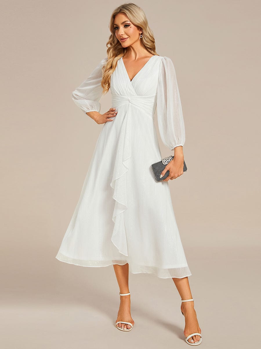 Glitter Twist Knot See-Through Long Sleeve Wedding Guest Dress #color_Cream