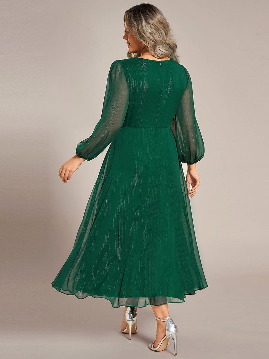 Glitter Twist Knot See-Through Long Sleeve Wedding Guest Dress #color_Dark Green