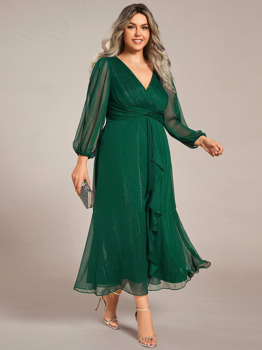 Plus Size Twist Knot Louts Leaf Long Sleeve A-Line Evening Dress #color_Dark Green