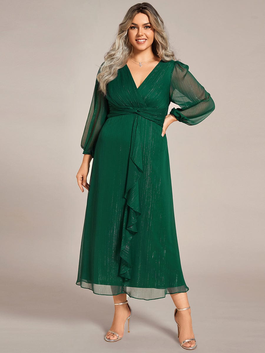 Plus Size Twist Knot Louts Leaf Long Sleeve A-Line Evening Dress #color_Dark Green