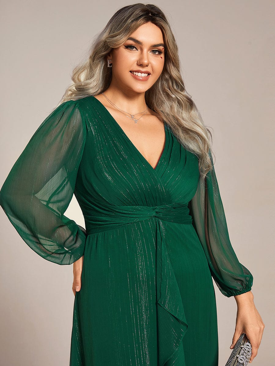 Plus Size Twist Knot Louts Leaf Long Sleeve A-Line Evening Dress #color_Dark Green