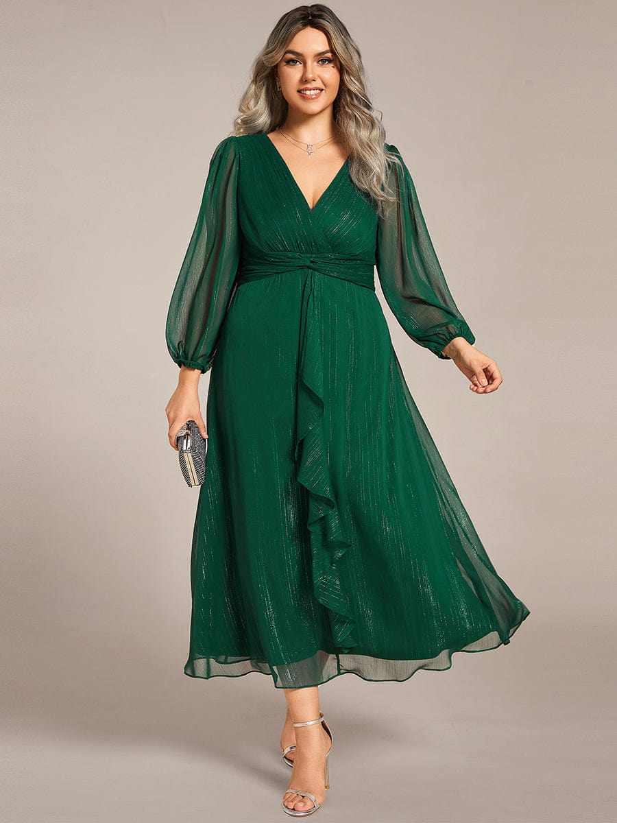 Plus Size Twist Knot Louts Leaf Long Sleeve A-Line Evening Dress #color_Dark Green