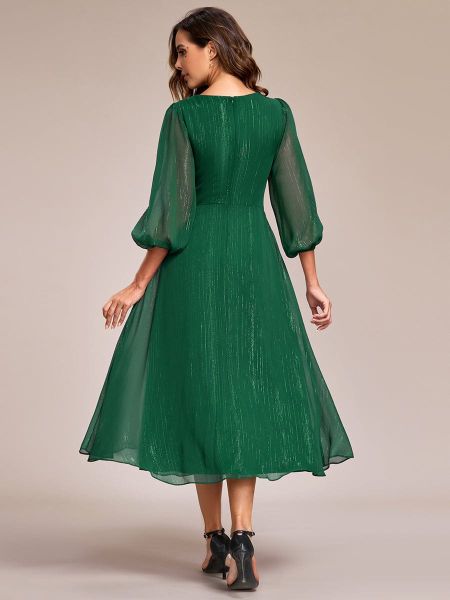 See-Through Long Sleeve Twist Knot A-Line Lotus Leaf Shimmering Evening Dress #color_Dark Green