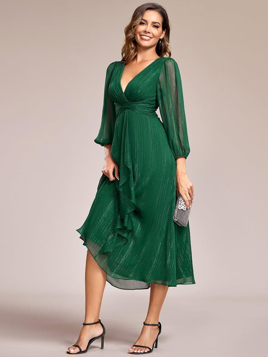 Glitter Twist Knot See-Through Long Sleeve Wedding Guest Dress #color_Dark Green