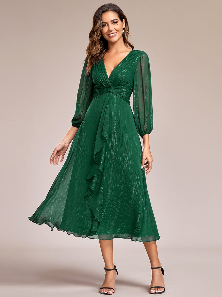 Glitter Twist Knot See-Through Long Sleeve Wedding Guest Dress #color_Dark Green