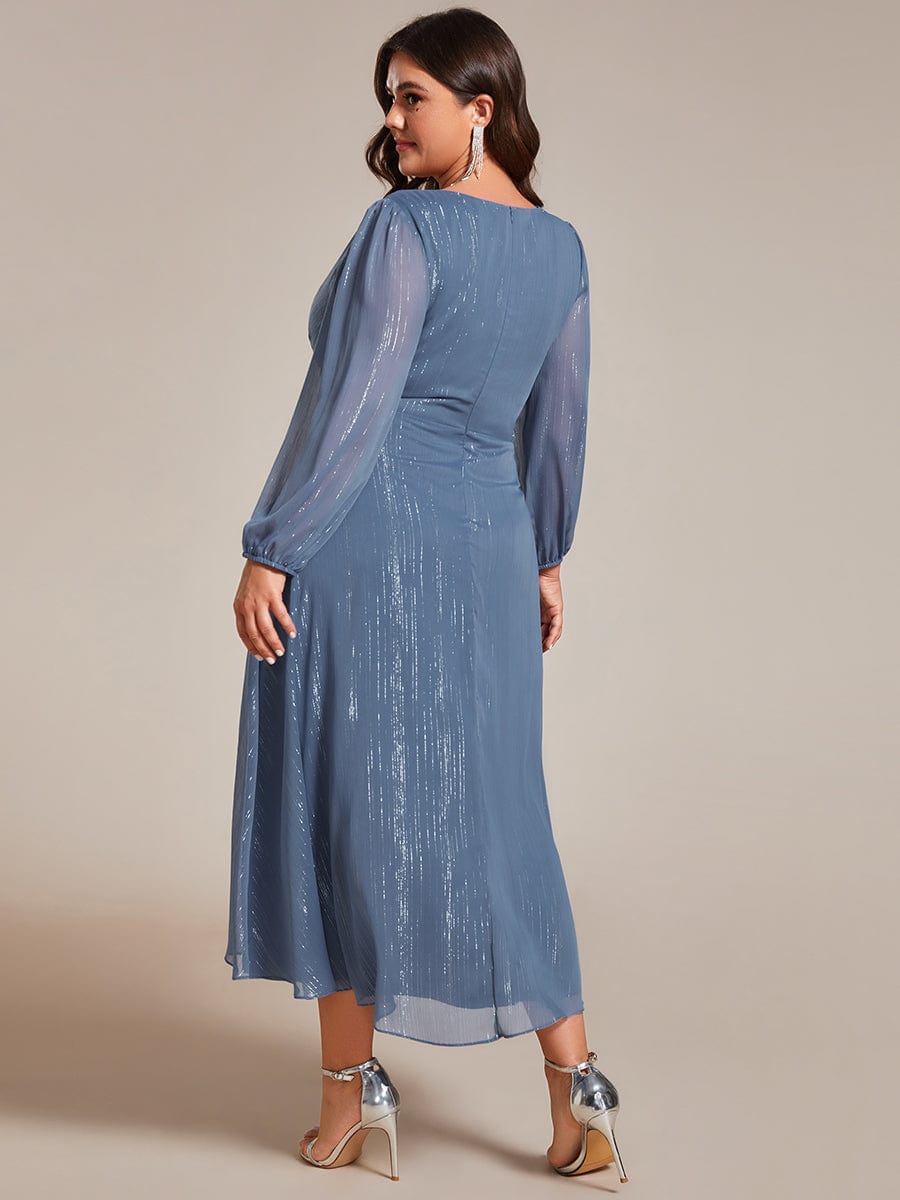 Plus Size Twist Knot Louts Leaf Long Sleeve A-Line Evening Dress #color_Dusty Blue