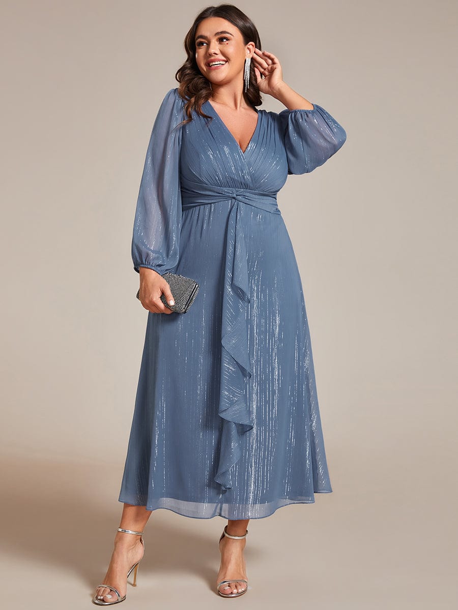 Plus Size Twist Knot Louts Leaf Long Sleeve A-Line Evening Dress #color_Dusty Blue