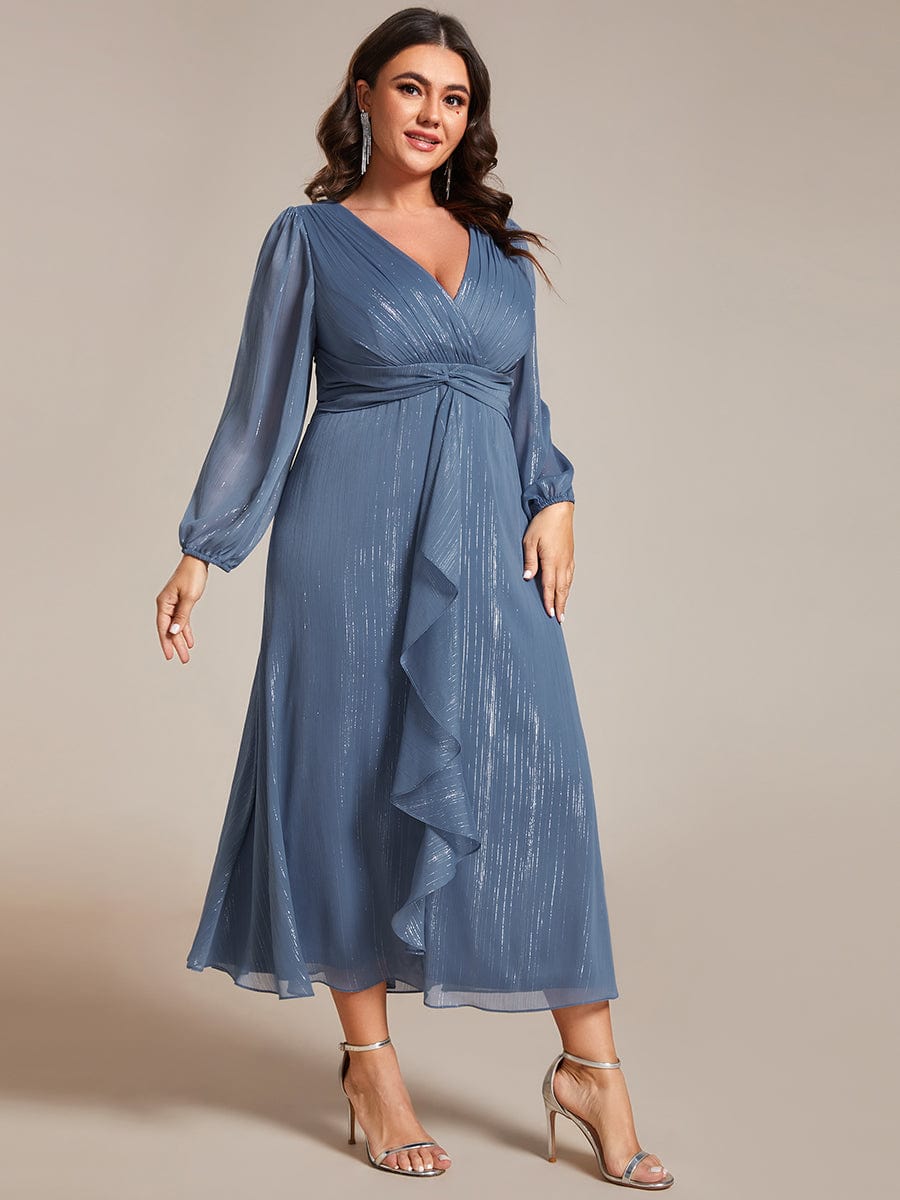 Plus Size Twist Knot Louts Leaf Long Sleeve A-Line Evening Dress #color_Dusty Navy