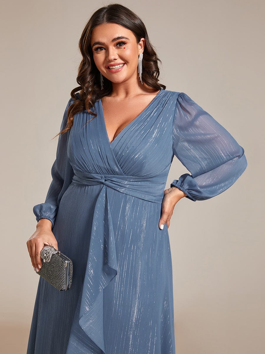 Plus Size Twist Knot Louts Leaf Long Sleeve A-Line Evening Dress #color_Dusty Navy