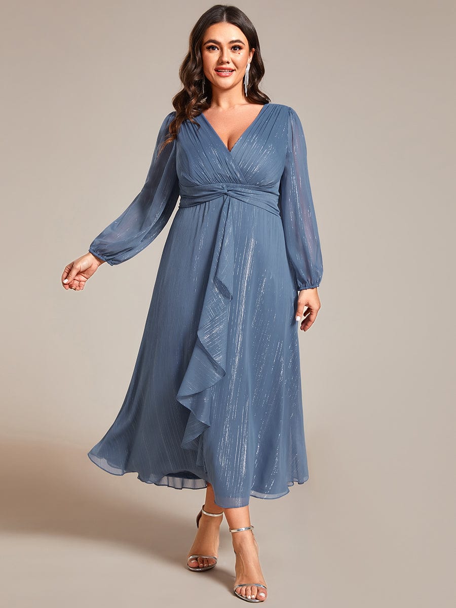 Plus Size Twist Knot Louts Leaf Long Sleeve A-Line Evening Dress #color_Dusty Blue