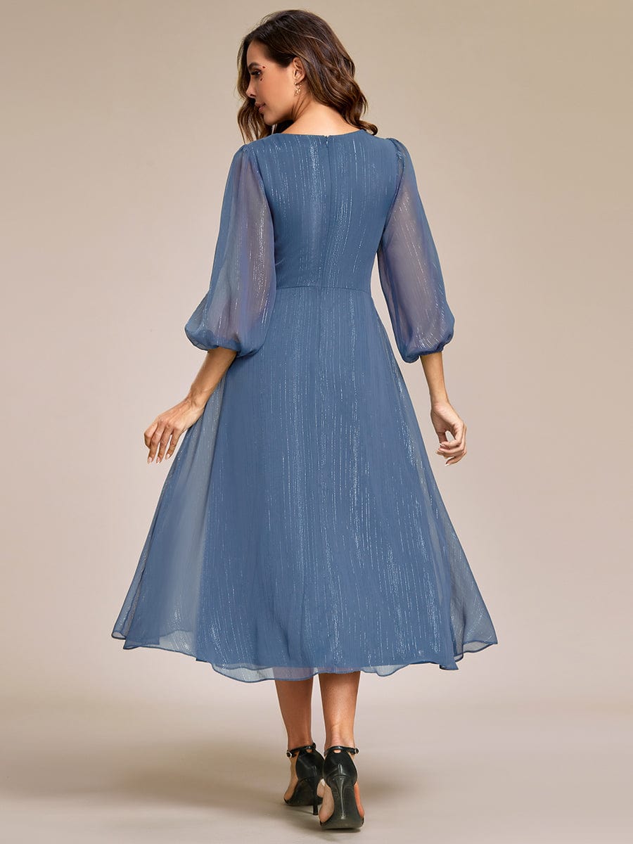 See-Through Long Sleeve Twist Knot A-Line Lotus Leaf Shimmering Evening Dress #color_Dusty Blue