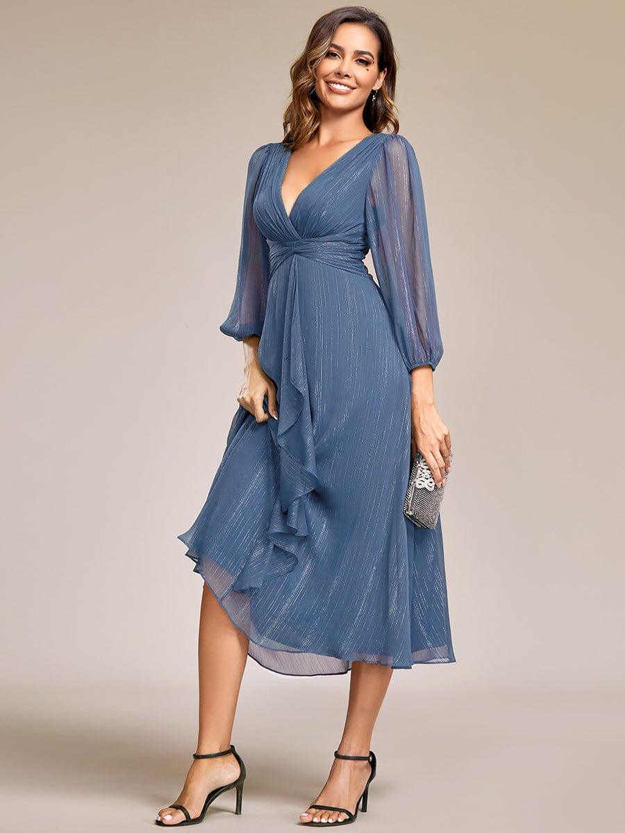 Glitter Twist Knot See-Through Long Sleeve Wedding Guest Dress #color_Dusty Navy