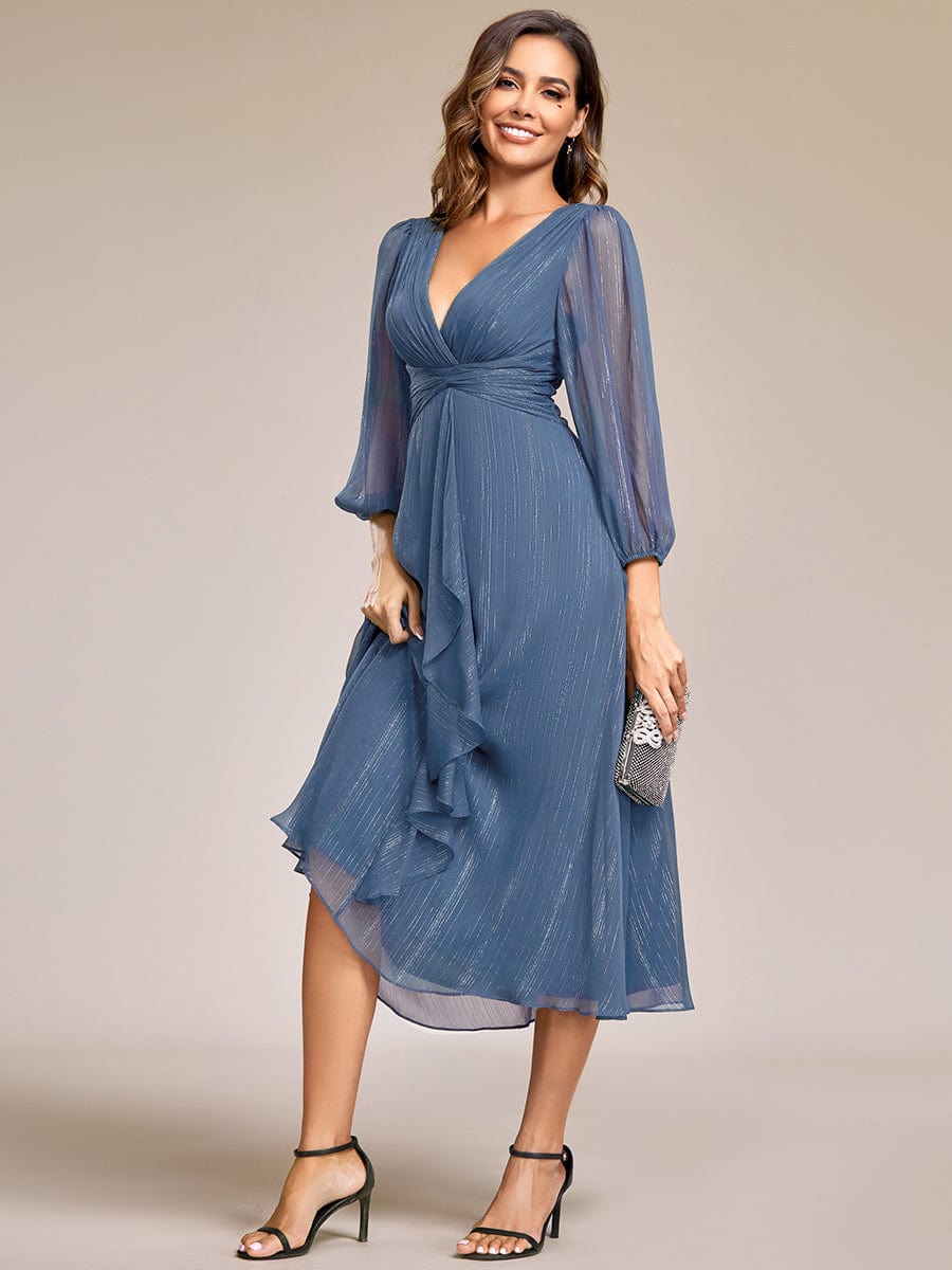 See-Through Long Sleeve Twist Knot A-Line Lotus Leaf Shimmering Evening Dress #color_Dusty Blue