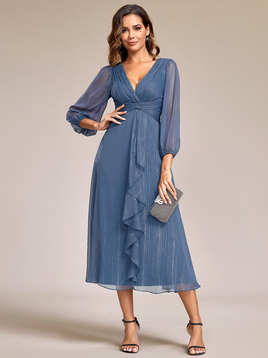 See-Through Long Sleeve Twist Knot A-Line Lotus Leaf Shimmering Evening Dress #color_Dusty Navy