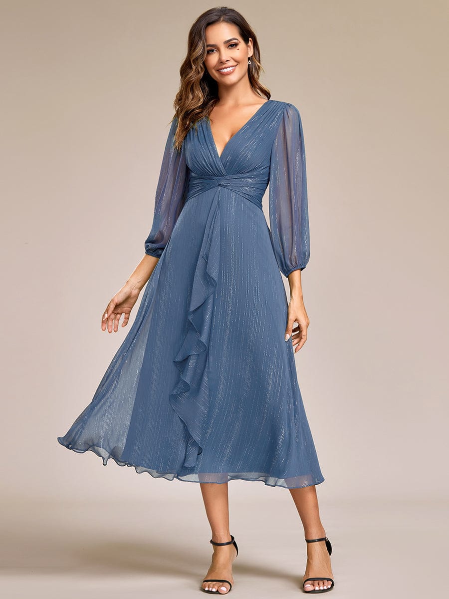 See-Through Long Sleeve Twist Knot A-Line Lotus Leaf Shimmering Evening Dress #color_Dusty Navy