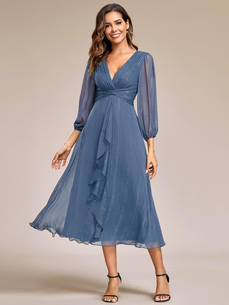 Glitter Twist Knot See-Through Long Sleeve Wedding Guest Dress #color_Dusty Navy