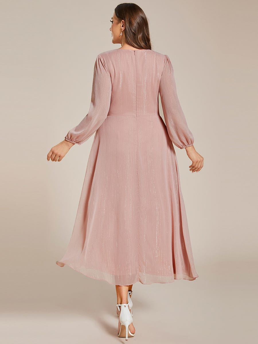 See-Through Long Sleeve Twist Knot A-Line Lotus Leaf Shimmering Evening Dress #color_Dusty Rose