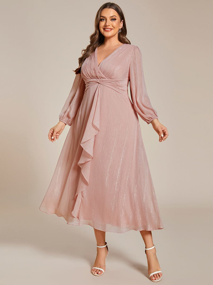 Plus Size Twist Knot Louts Leaf Long Sleeve A-Line Evening Dress #color_Dusty Rose