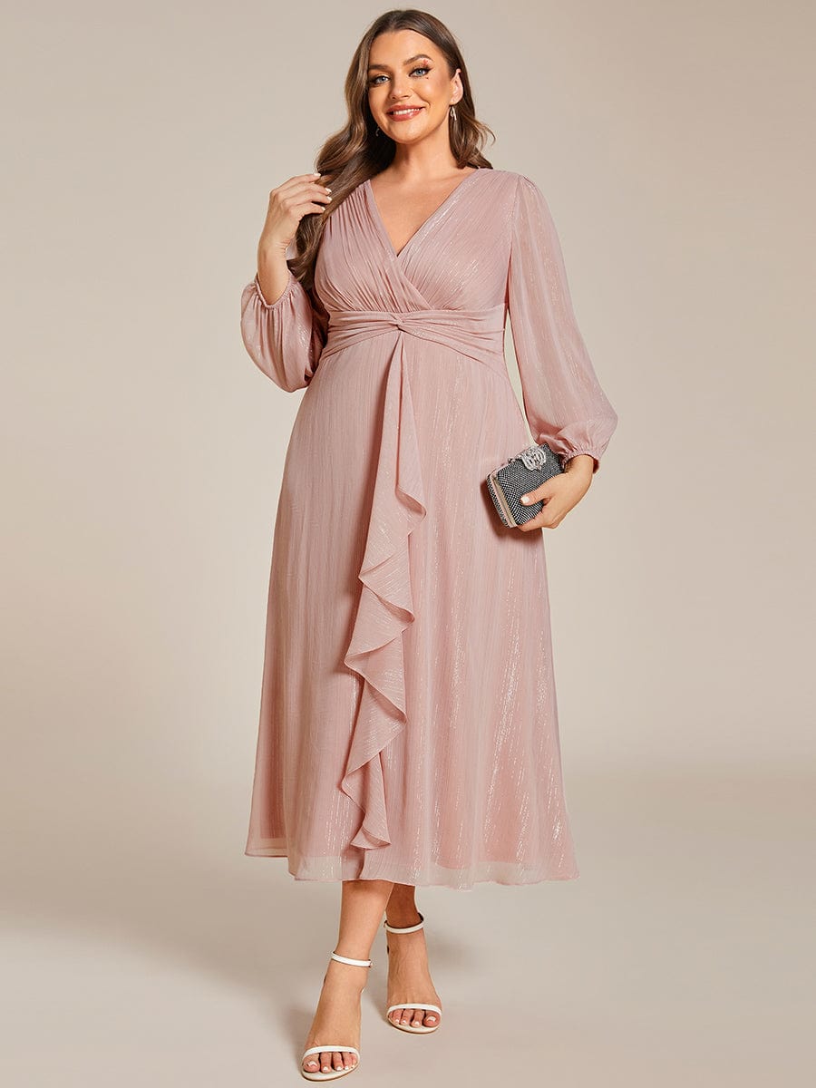 See-Through Long Sleeve Twist Knot A-Line Lotus Leaf Shimmering Evening Dress #color_Dusty Rose