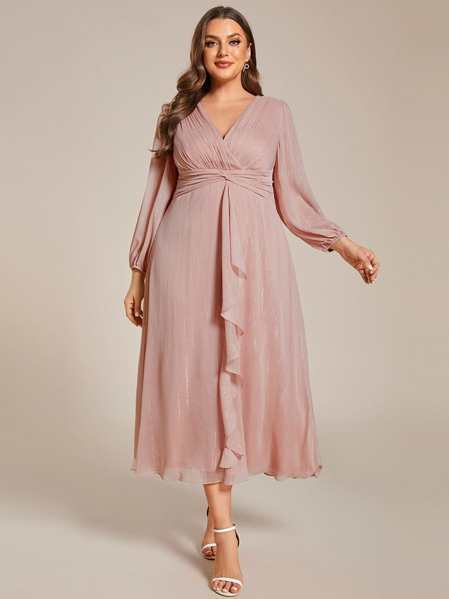 Plus Size Twist Knot Louts Leaf Long Sleeve A-Line Evening Dress #color_Dusty Rose