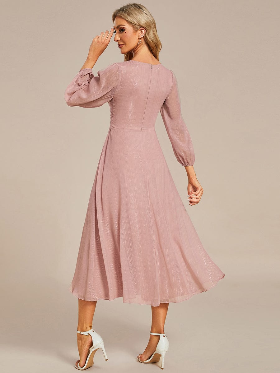 See-Through Long Sleeve Twist Knot A-Line Lotus Leaf Shimmering Evening Dress #color_Dusty Rose