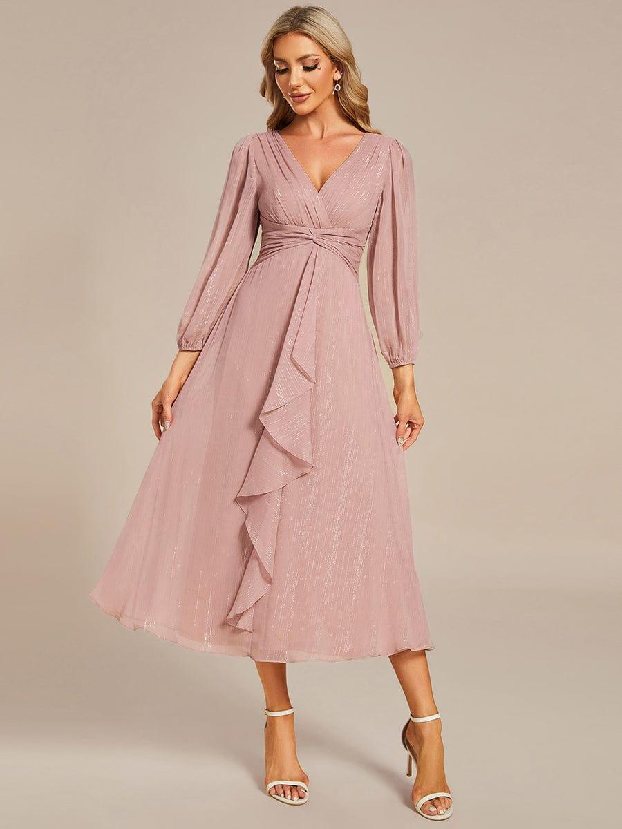 Glitter Twist Knot See-Through Long Sleeve Wedding Guest Dress #color_Dusty Rose