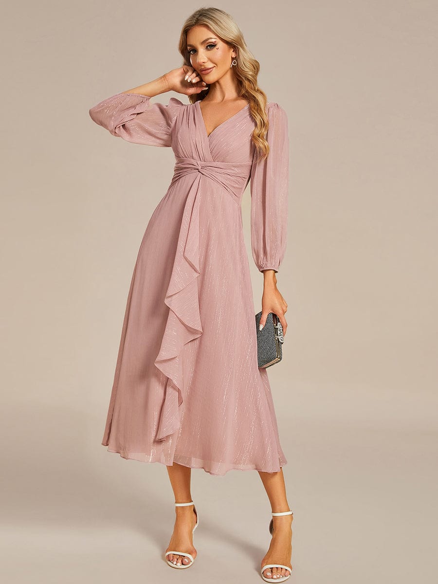 See-Through Long Sleeve Twist Knot A-Line Lotus Leaf Shimmering Evening Dress #color_Dusty Rose