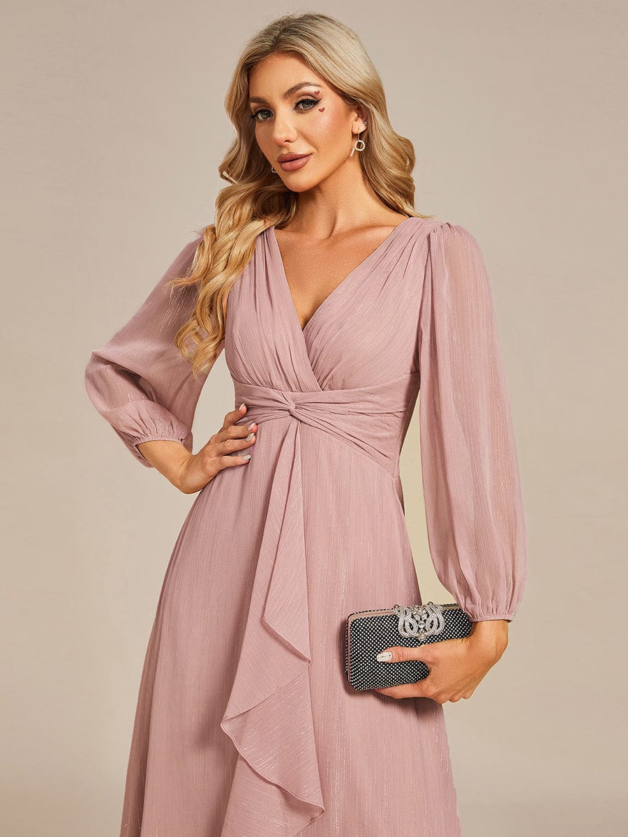 See-Through Long Sleeve Twist Knot A-Line Lotus Leaf Shimmering Evening Dress #color_Dusty Rose