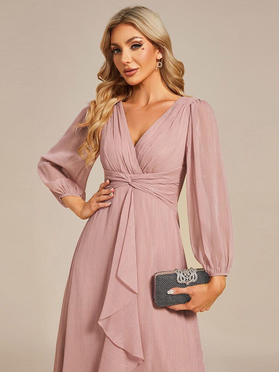 Glitter Twist Knot See-Through Long Sleeve Wedding Guest Dress #color_Dusty Rose