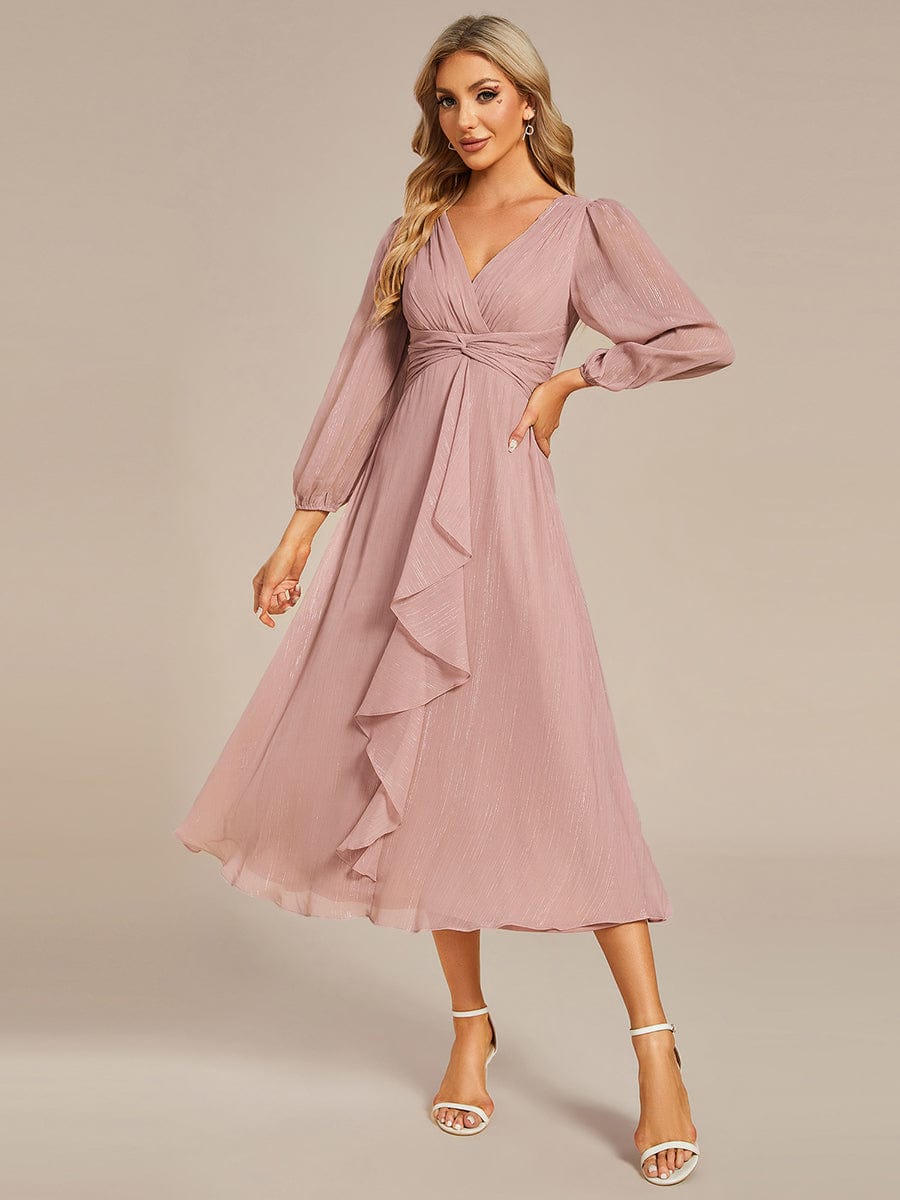 See-Through Long Sleeve Twist Knot A-Line Lotus Leaf Shimmering Evening Dress #color_Dusty Rose