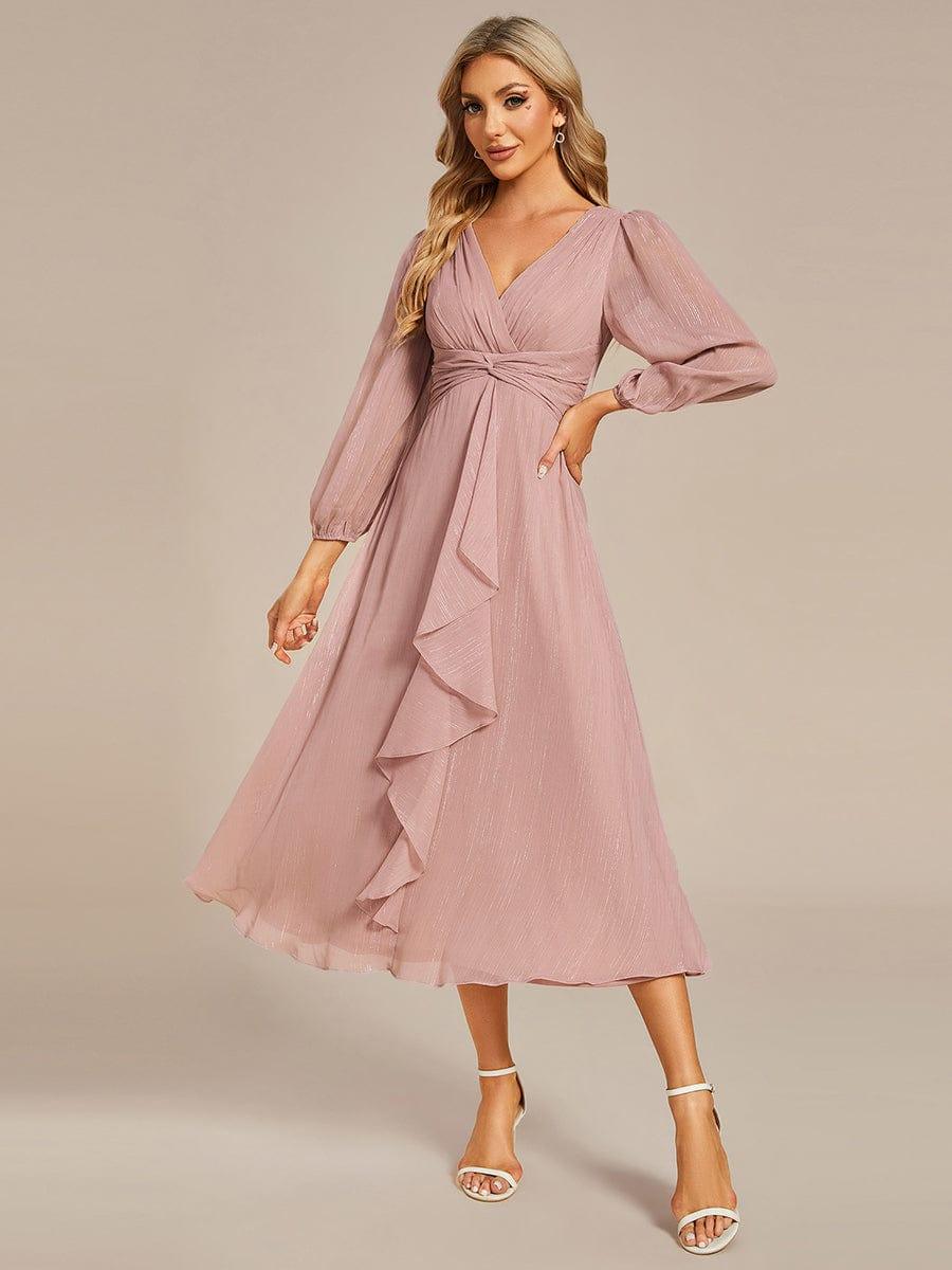 Glitter Twist Knot See-Through Long Sleeve Wedding Guest Dress #color_Dusty Rose